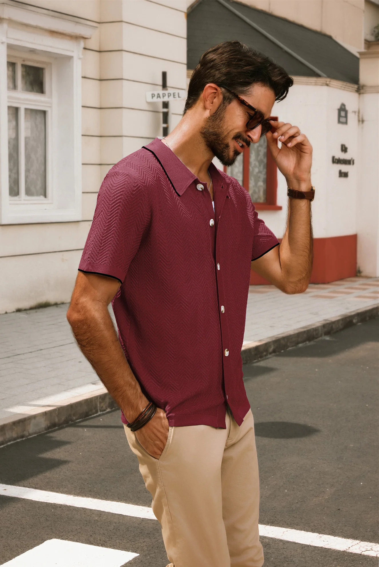 Men Textured Cardigan Short Sleeve Lapel Collar Button-up Sweater Knitwear - Image 59