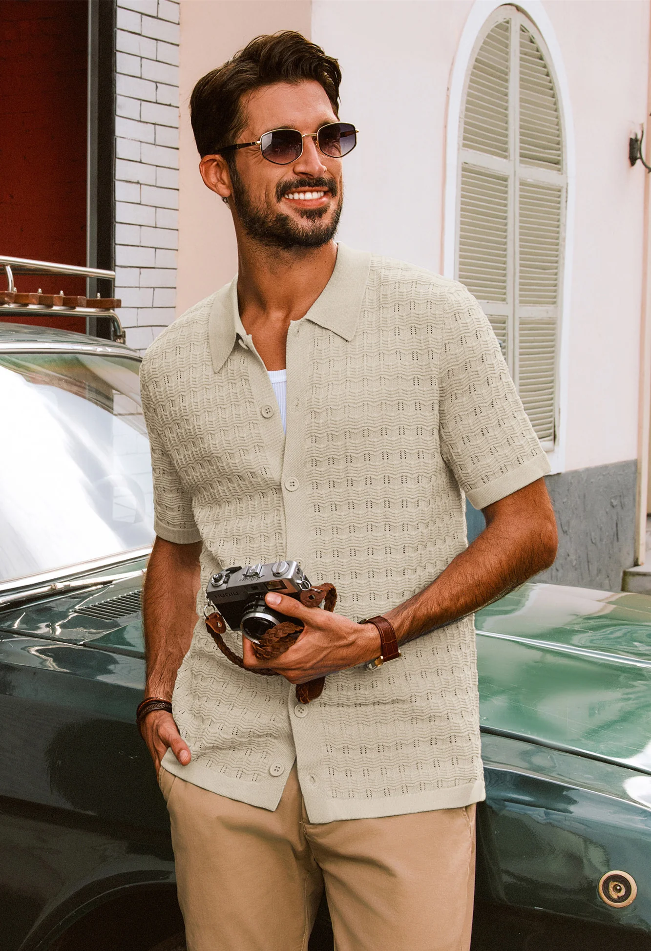 Men Textured Cardigan Short Sleeve Lapel Collar Button-up Tops Knitwear - Image 13