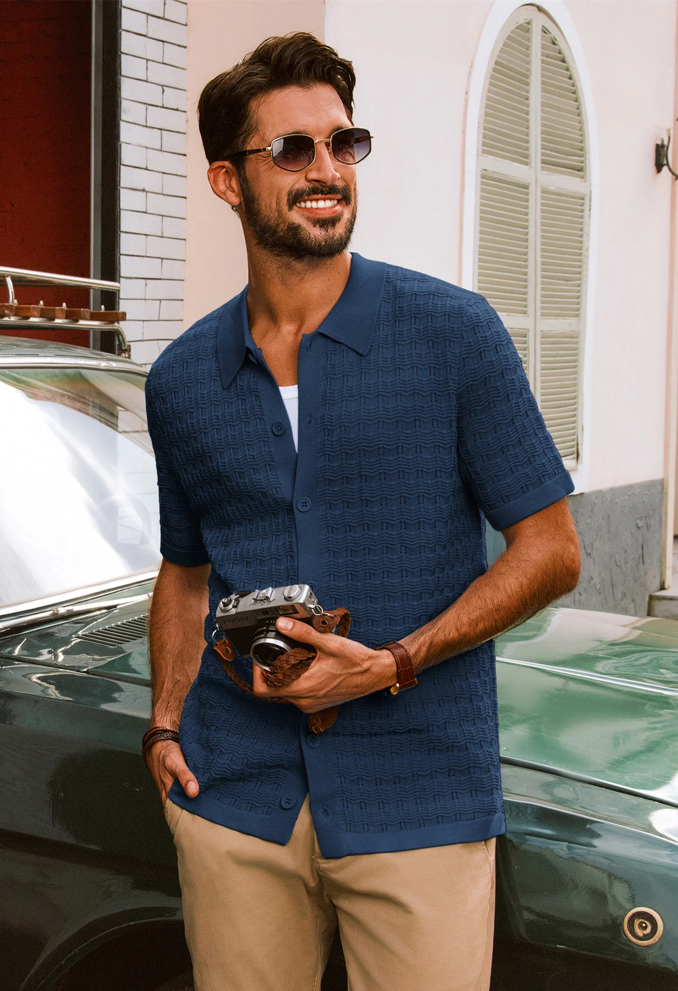 Men Textured Cardigan Short Sleeve Lapel Collar Button-up Tops Knitwear - Image 18