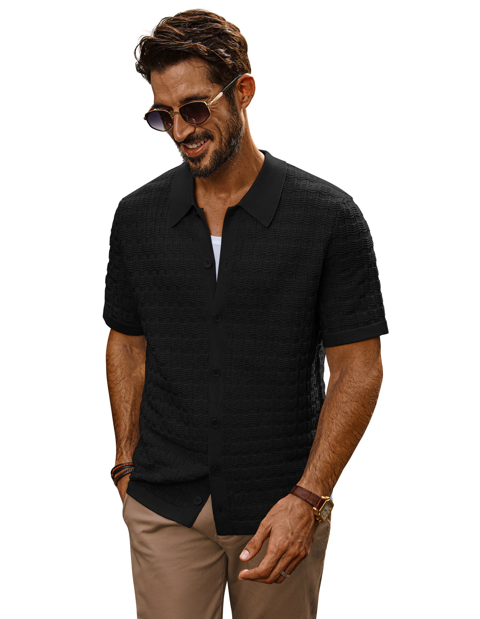 Men Textured Cardigan Short Sleeve Lapel Collar Button-up Tops Knitwear - Image 7