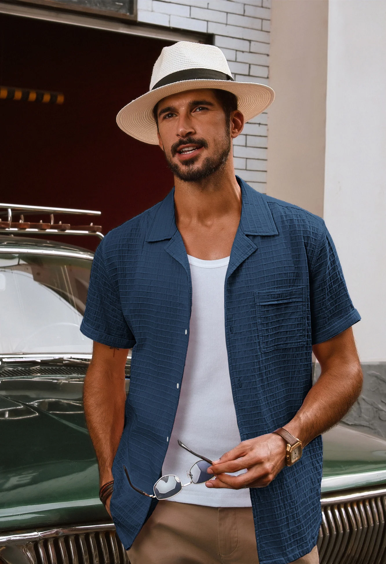 Men Textured Cotton Shirt Casual Short Sleeve Lapel Collar Flat Hem Tops - Image 10