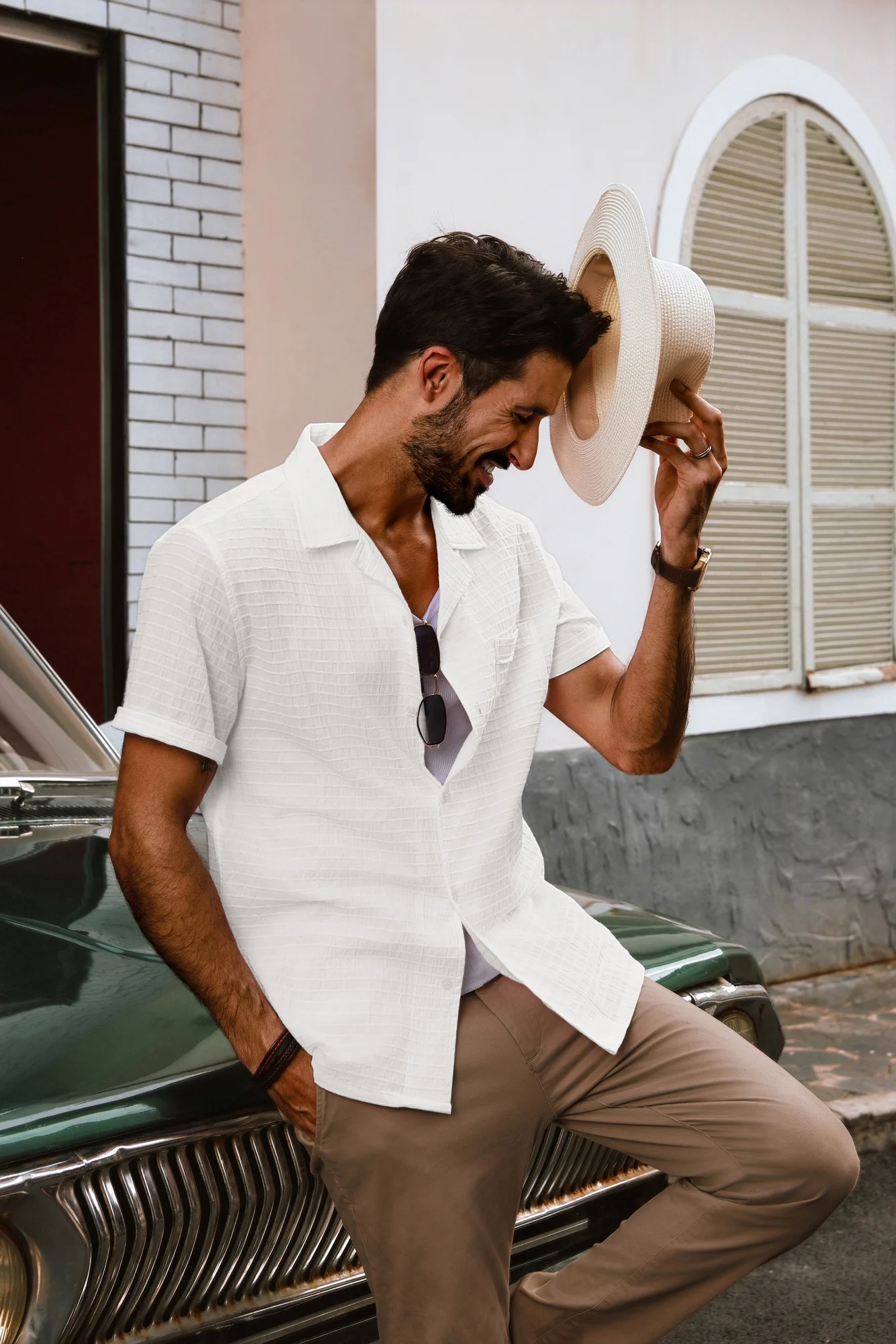Men Textured Cotton Shirt Casual Short Sleeve Lapel Collar Flat Hem Tops - Image 14
