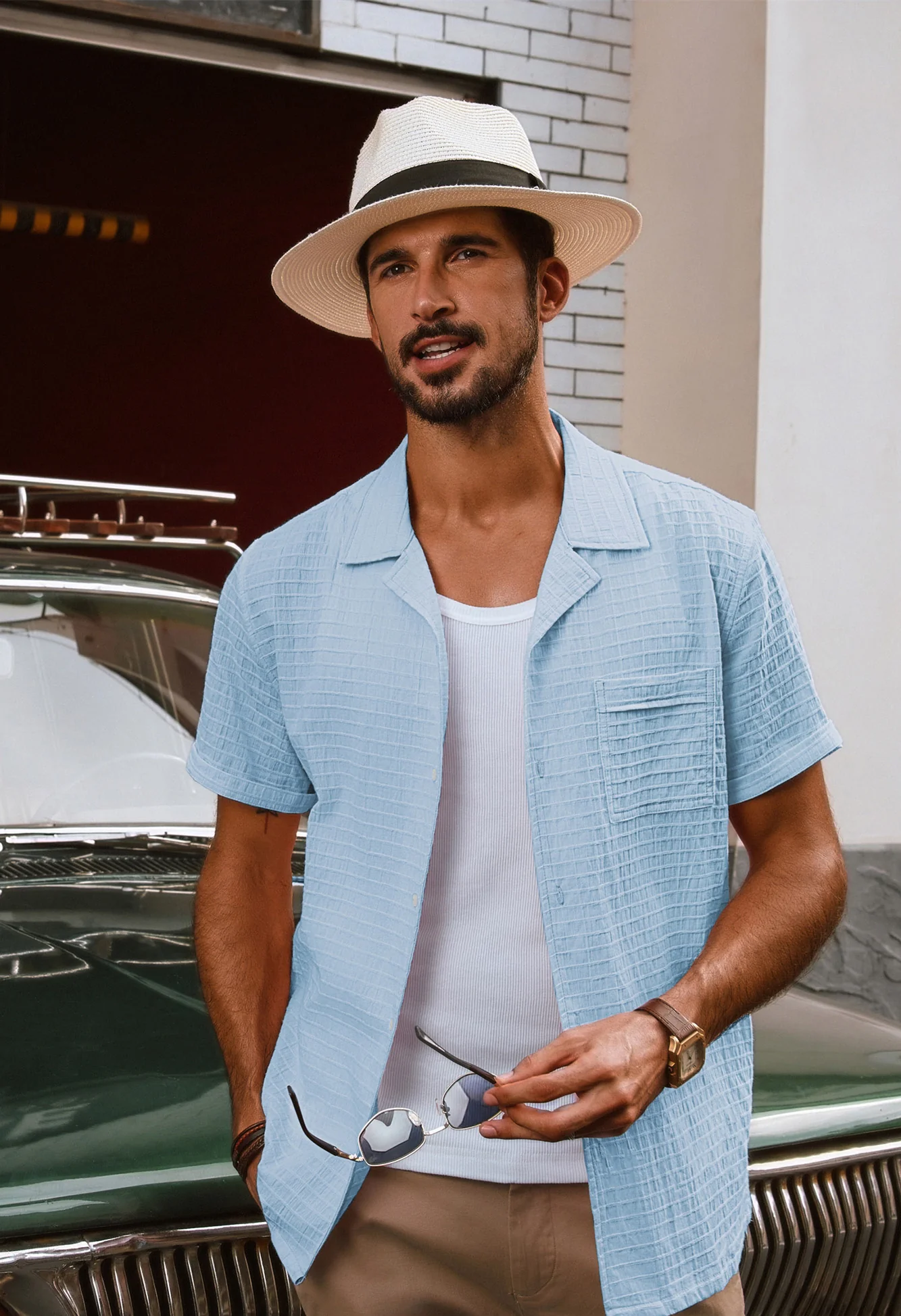 Men Textured Cotton Shirt Casual Short Sleeve Lapel Collar Flat Hem Tops - Image 17