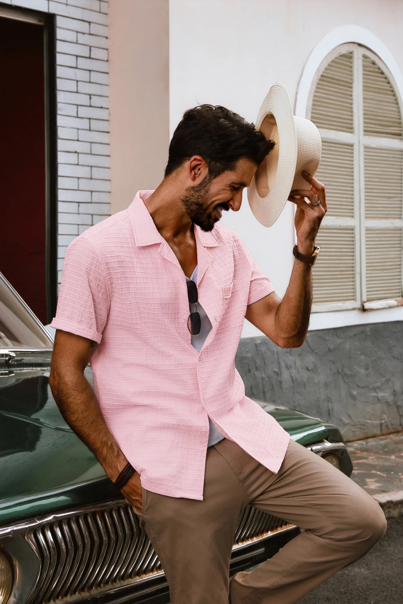 Men Textured Cotton Shirt Casual Short Sleeve Lapel Collar Flat Hem Tops - Image 24