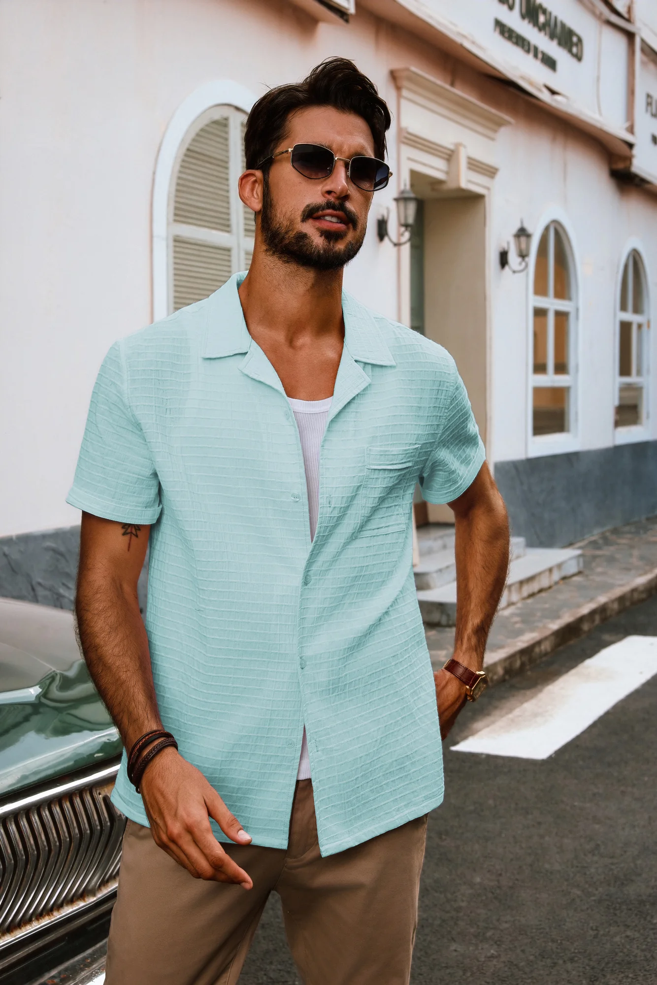 Men Textured Cotton Shirt Casual Short Sleeve Lapel Collar Flat Hem Tops - Image 28