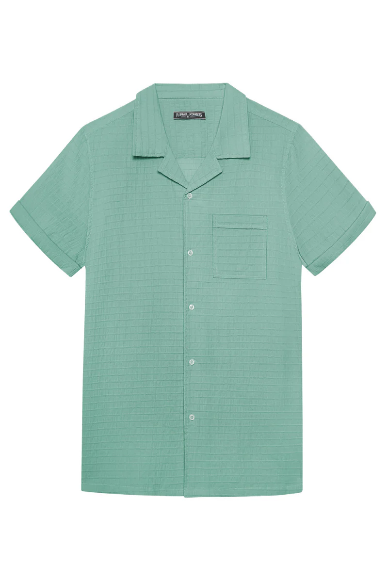 Men Textured Cotton Shirt Casual Short Sleeve Lapel Collar Flat Hem Tops - Image 31