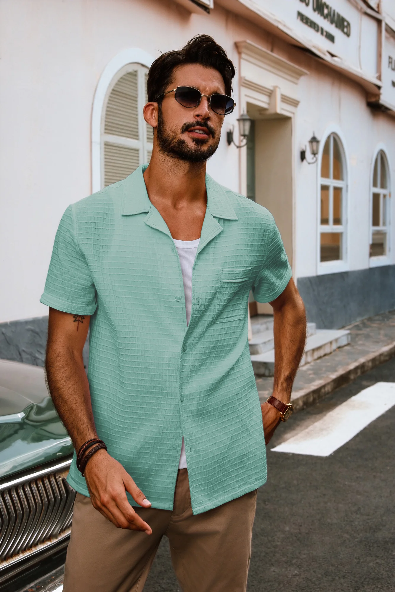 Men Textured Cotton Shirt Casual Short Sleeve Lapel Collar Flat Hem Tops - Image 33