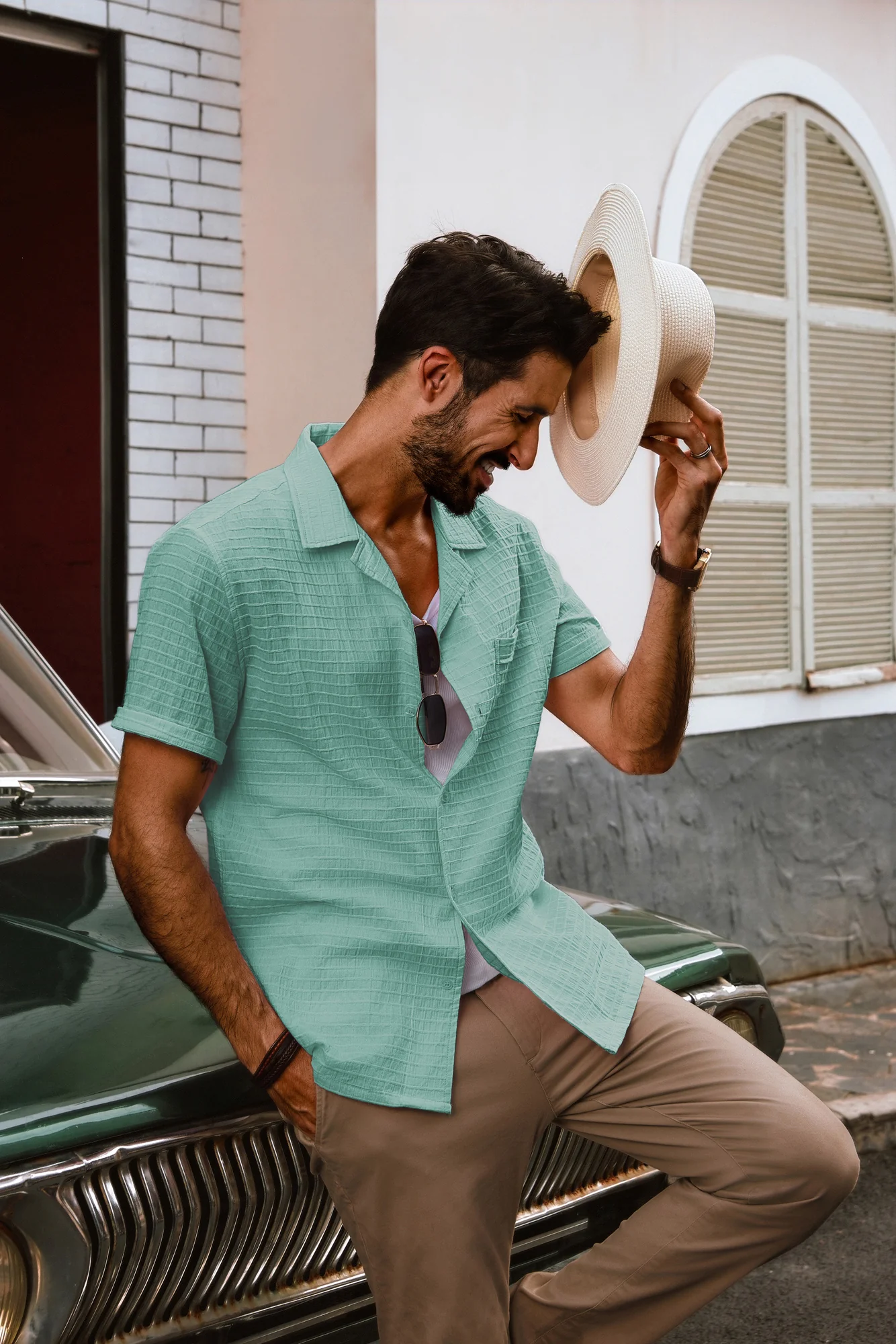 Men Textured Cotton Shirt Casual Short Sleeve Lapel Collar Flat Hem Tops - Image 34