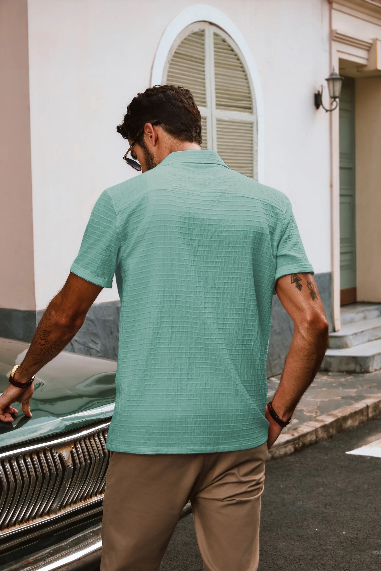 Men Textured Cotton Shirt Casual Short Sleeve Lapel Collar Flat Hem Tops - Image 35