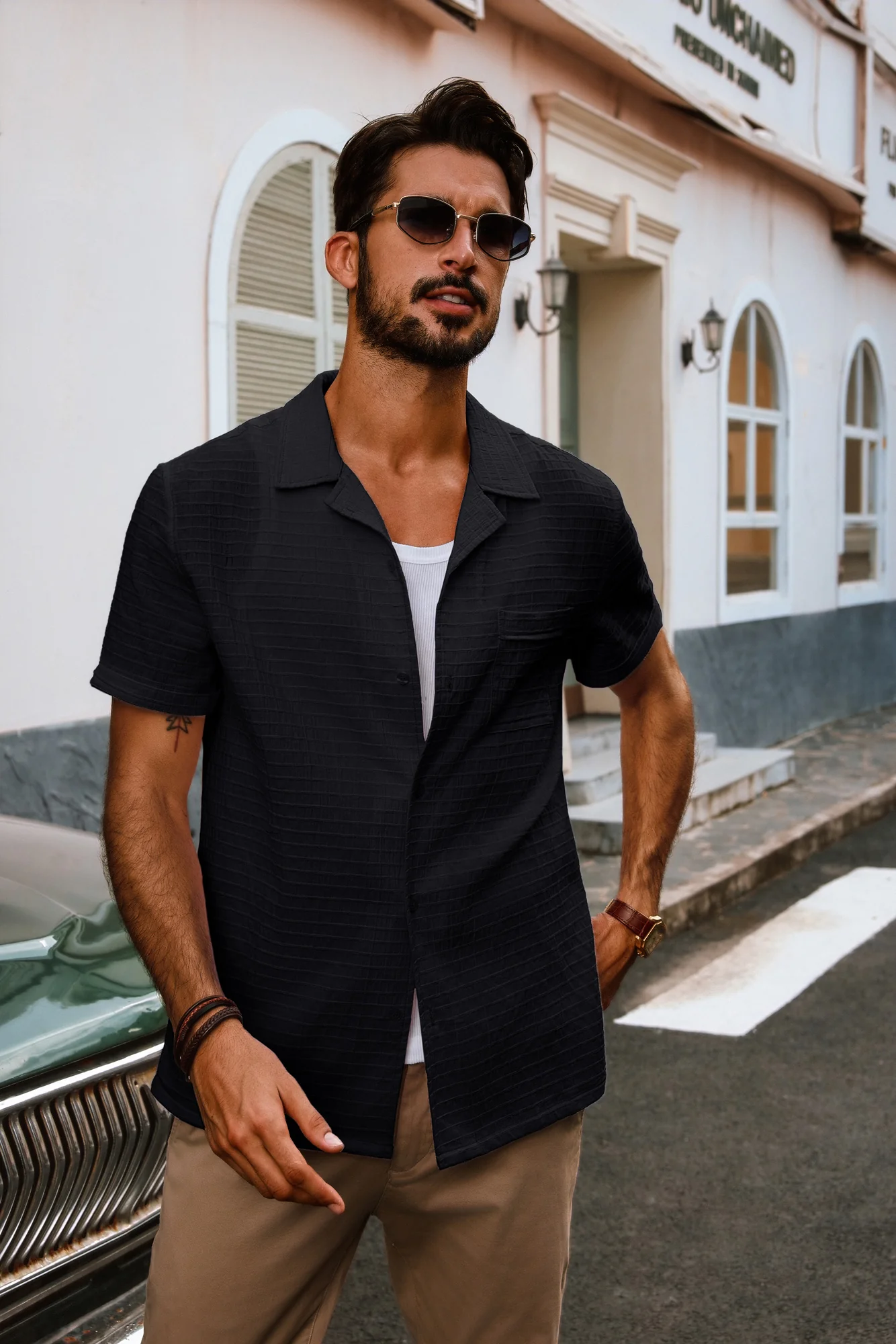 Men Textured Cotton Shirt Casual Short Sleeve Lapel Collar Flat Hem Tops - Image 4