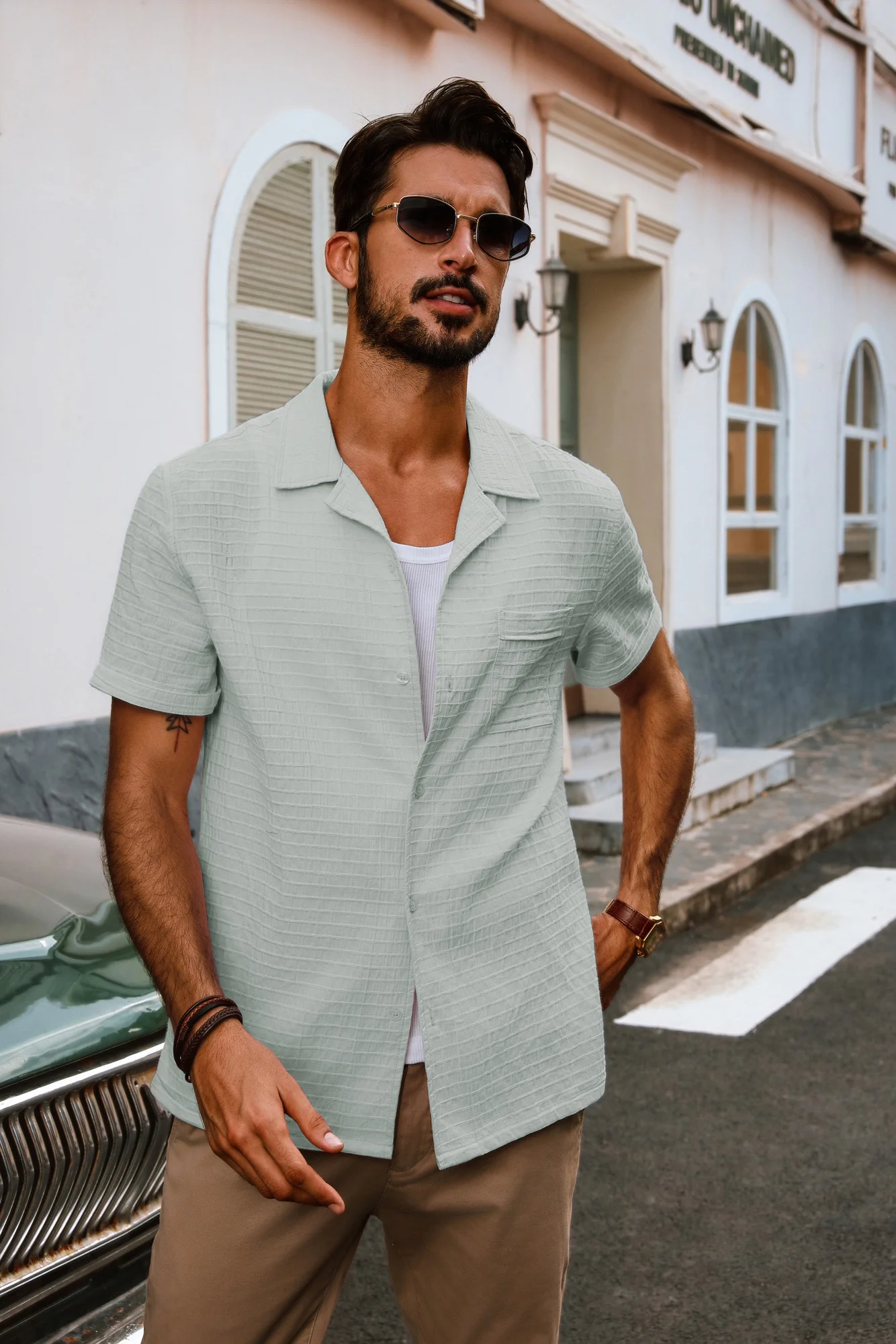 Men Textured Cotton Shirt Casual Short Sleeve Lapel Collar Flat Hem Tops - Image 43