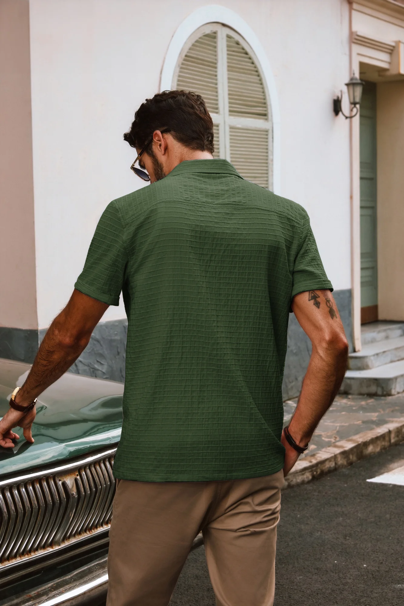 Men Textured Cotton Shirt Casual Short Sleeve Lapel Collar Flat Hem Tops - Image 49