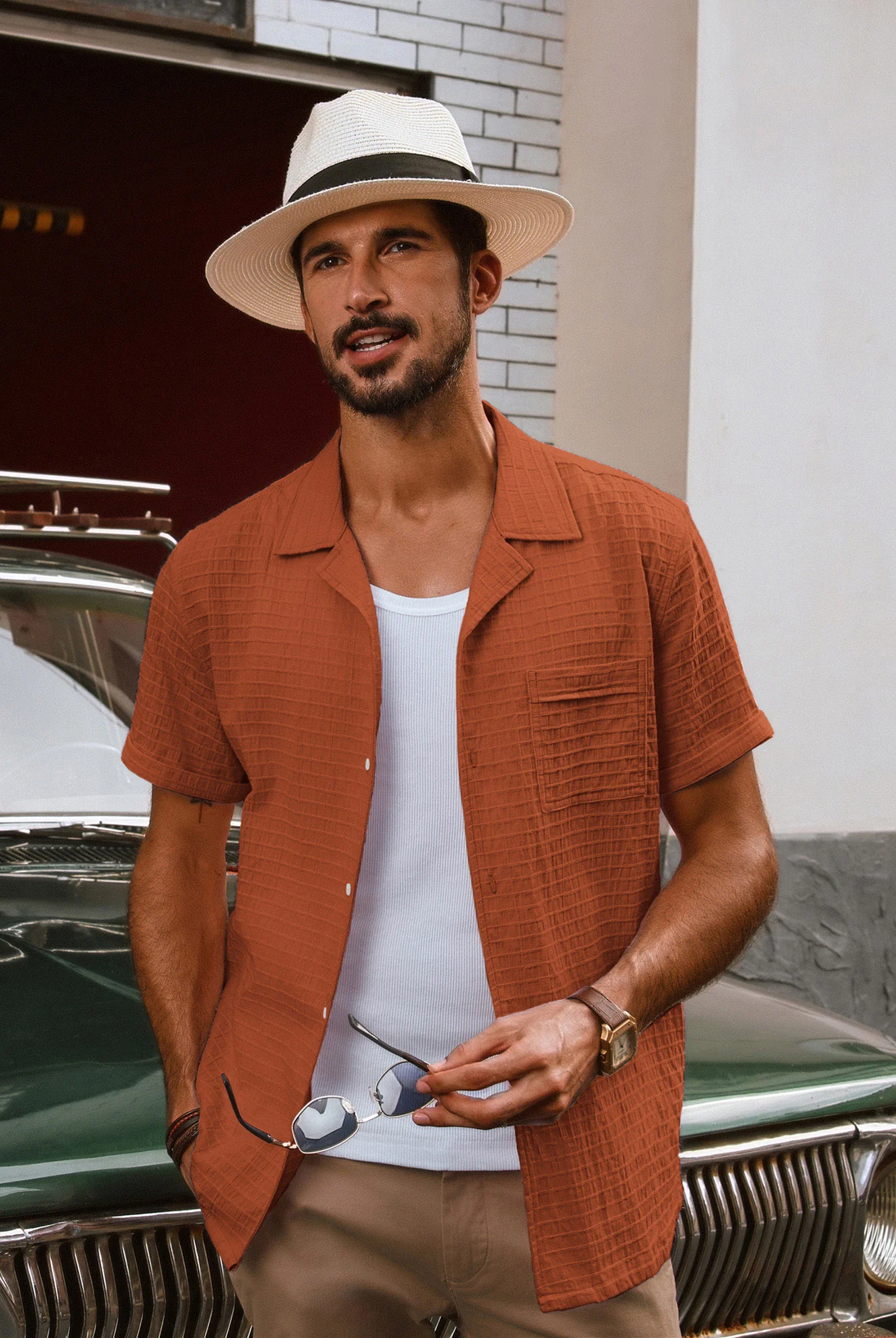 Men Textured Cotton Shirt Casual Short Sleeve Lapel Collar Flat Hem Tops - Image 53