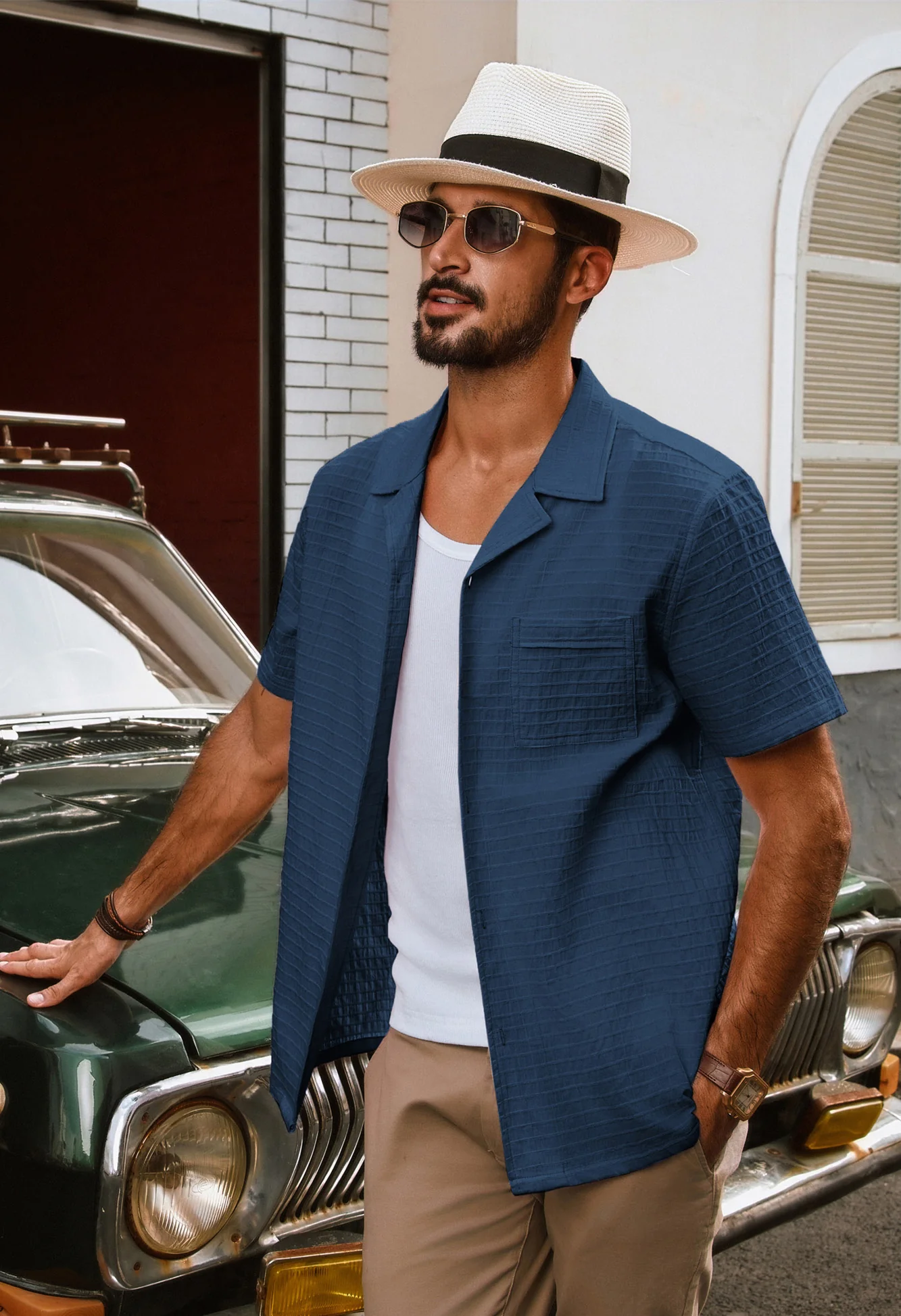 Men Textured Cotton Shirt Casual Short Sleeve Lapel Collar Flat Hem Tops - Image 9