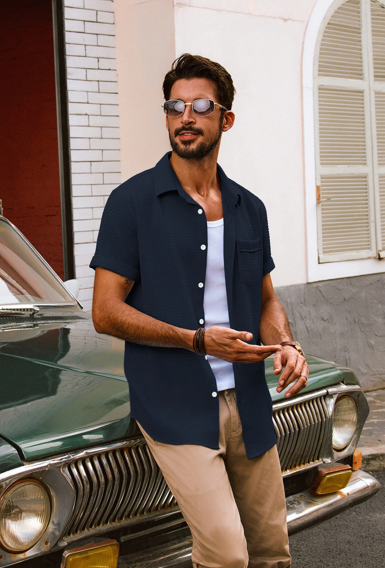 Men Textured Fabric Shirt Casual Short Sleeve Lapel Collar Button-up Tops - Image 15