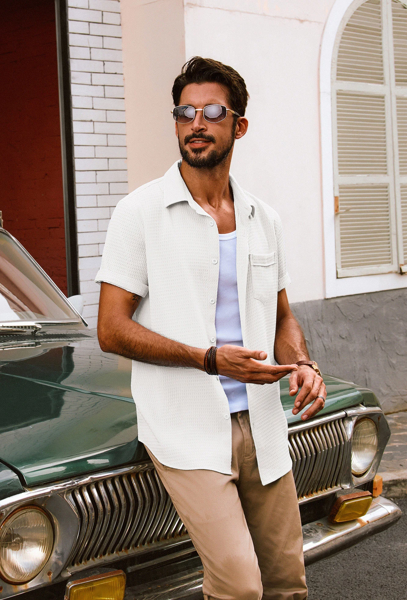 Men Textured Fabric Shirt Casual Short Sleeve Lapel Collar Button-up Tops - Image 5