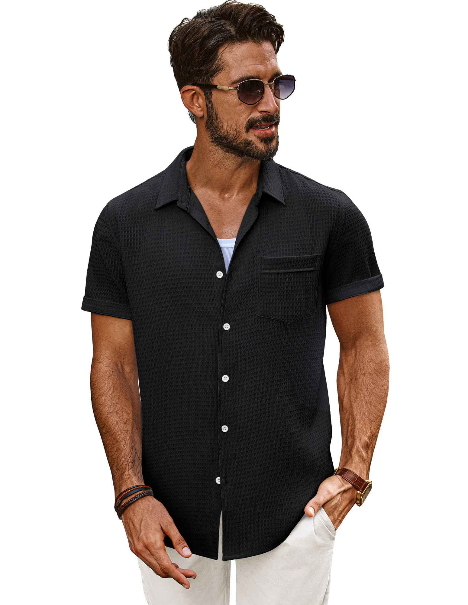 Men Textured Fabric Shirt Casual Short Sleeve Lapel Collar Button-up Tops - Image 7
