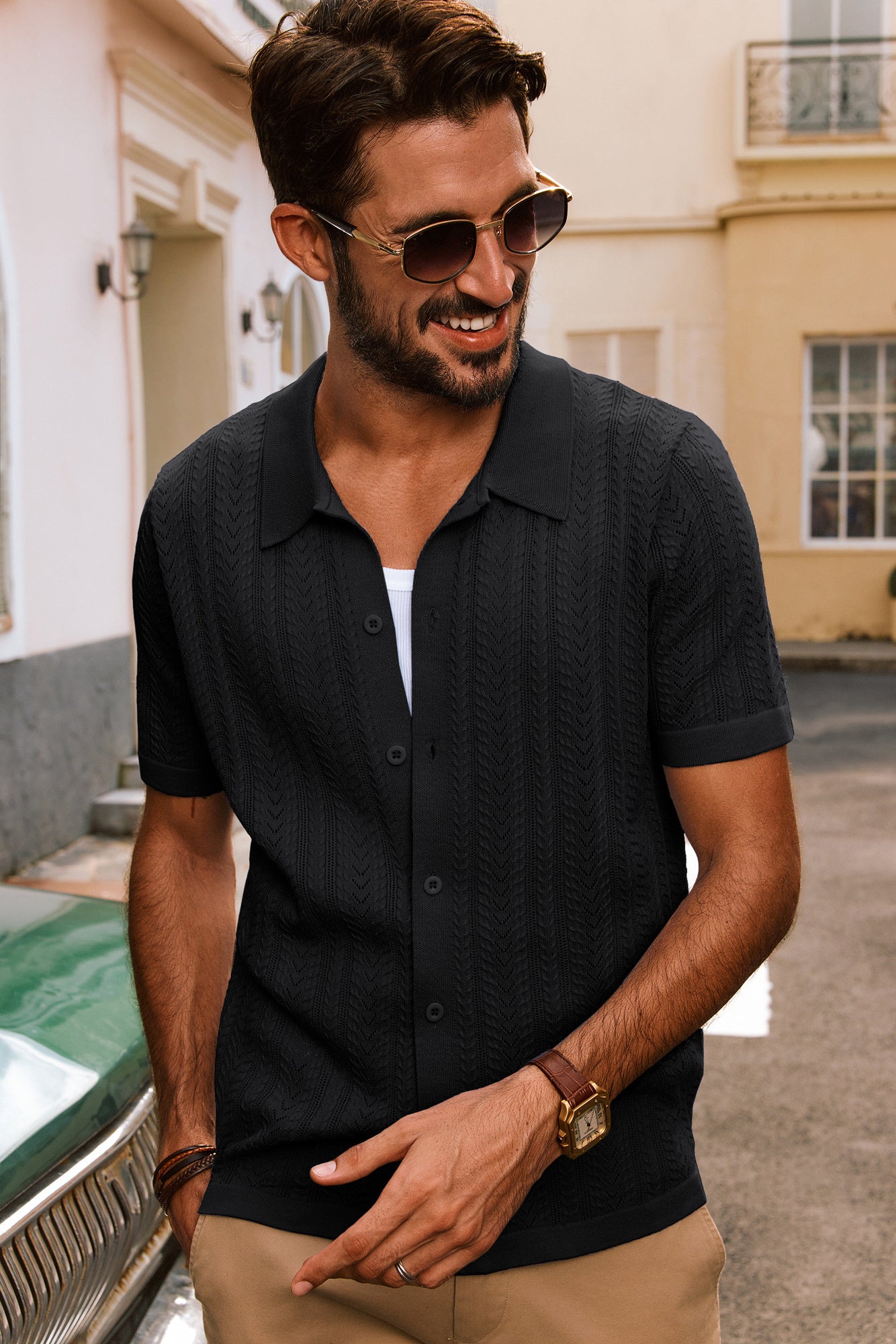 Men Textured Knitted Cardigan Short Sleeve Lapel Collar Button-up Sweater - Image 17
