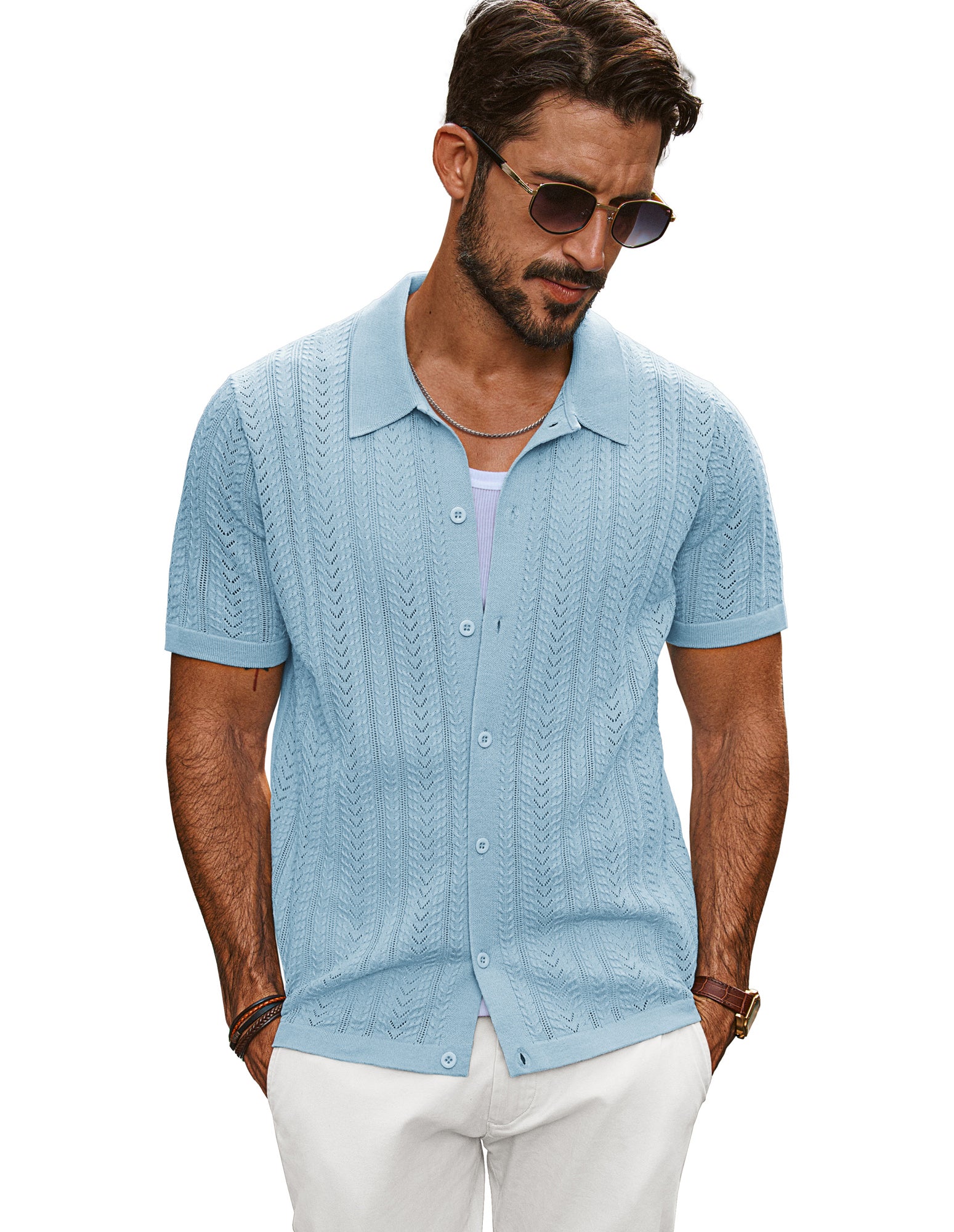 Men Textured Knitted Cardigan Short Sleeve Lapel Collar Button-up Sweater - Image 26