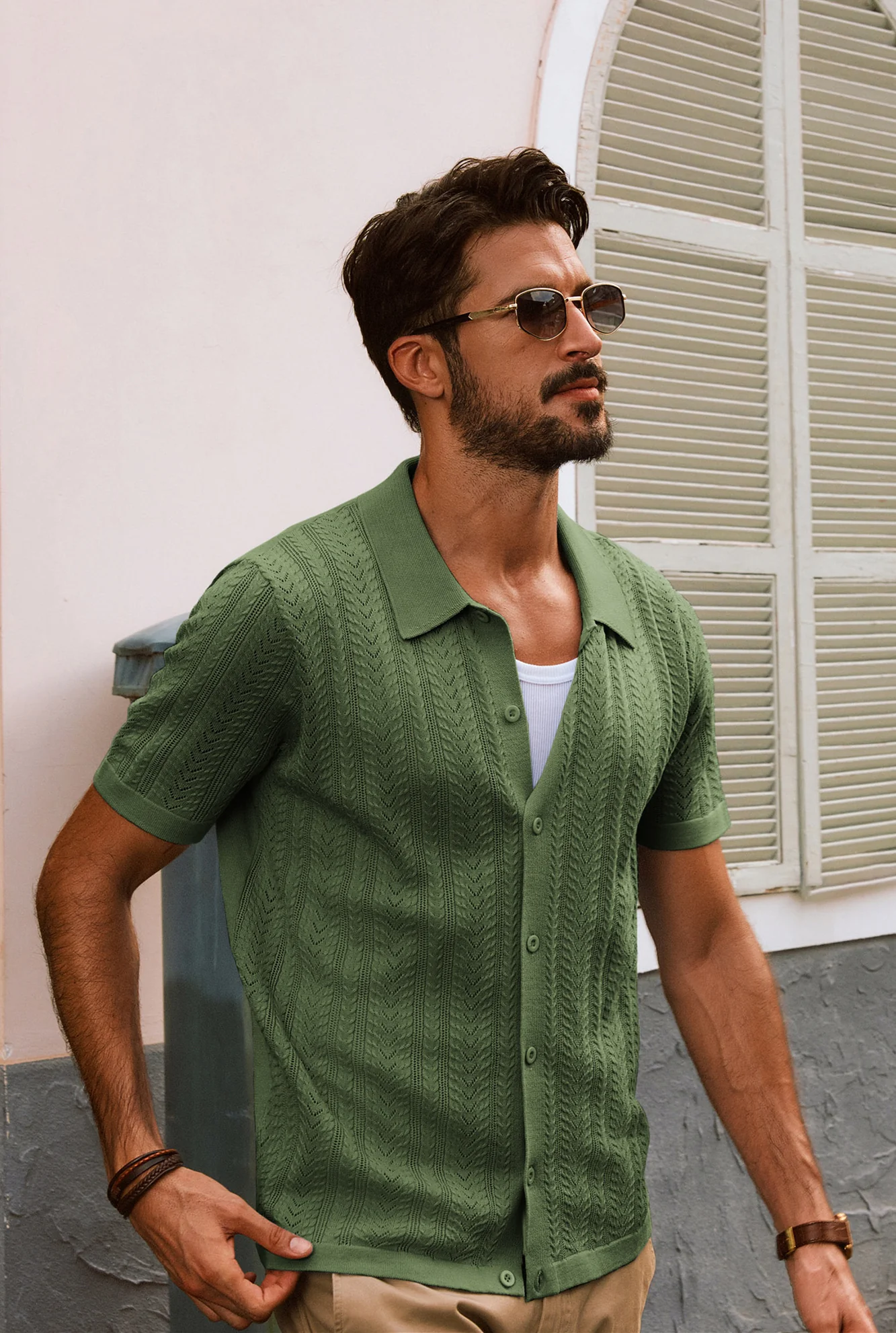 Men Textured Knitted Cardigan Short Sleeve Lapel Collar Button-up Sweater - Image 48