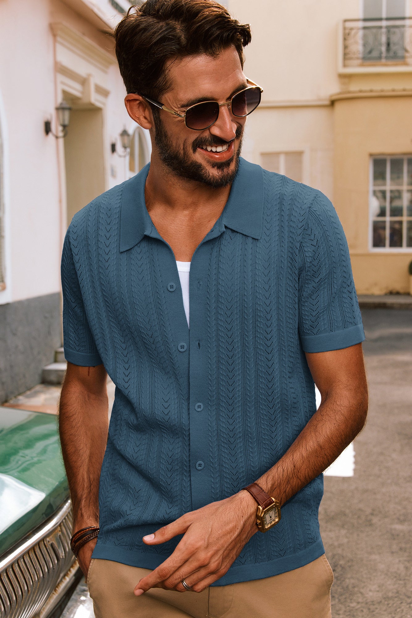 Men Textured Knitted Cardigan Short Sleeve Lapel Collar Button-up Sweater - Image 57