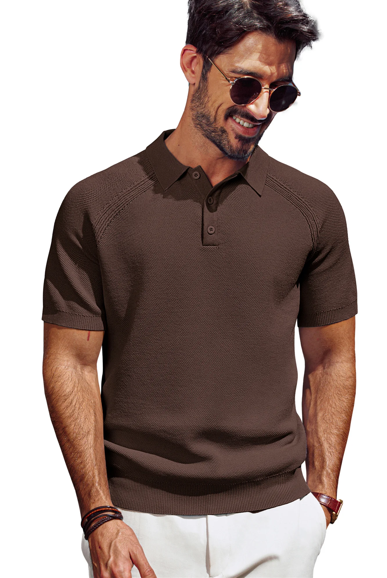 Men Textured Knitted Polo-Shirt Short Sleeve Lapel Collar Button-up Neck Tops - Image 21