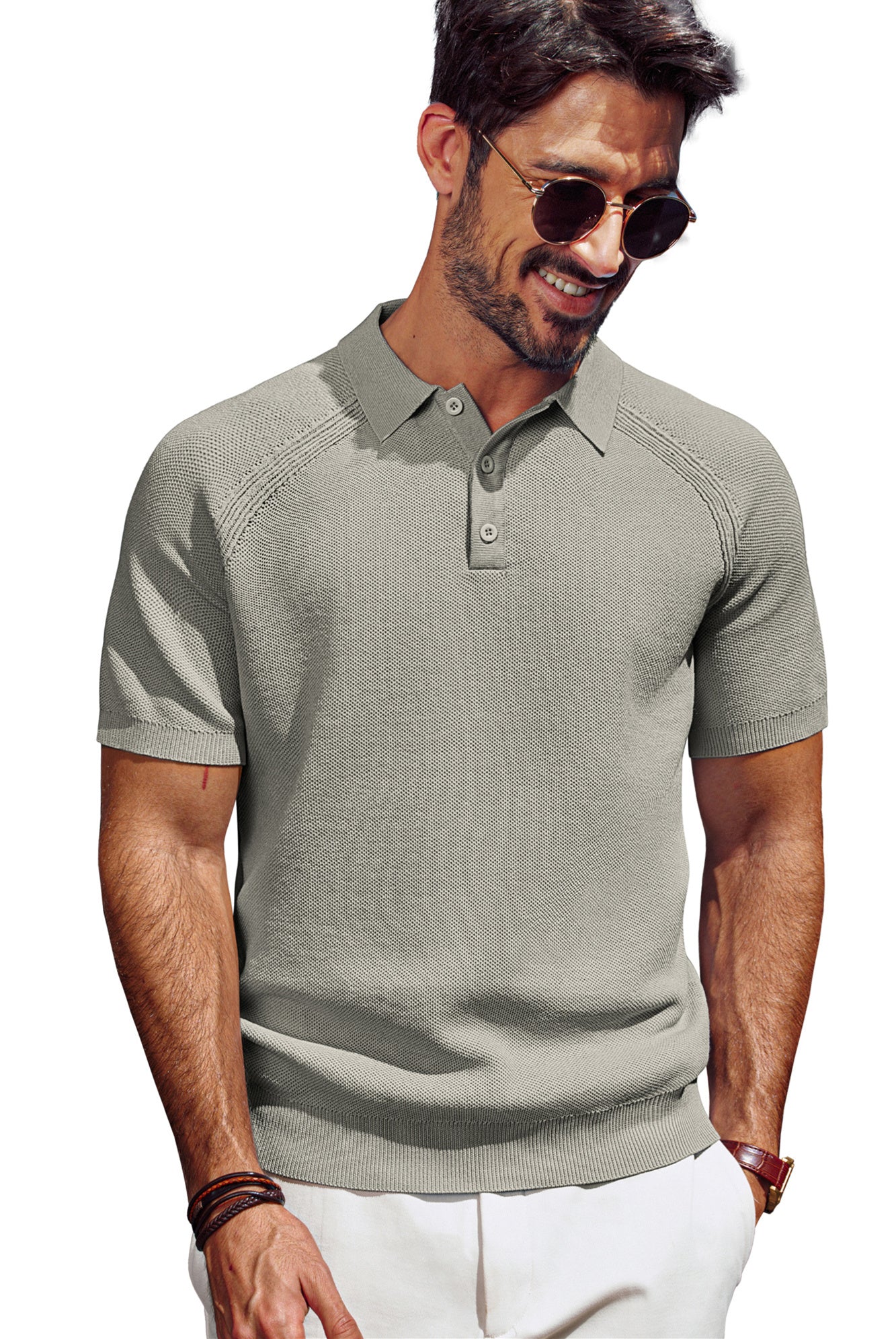 Men Textured Knitted Polo-Shirt Short Sleeve Lapel Collar Button-up Neck Tops - Image 36