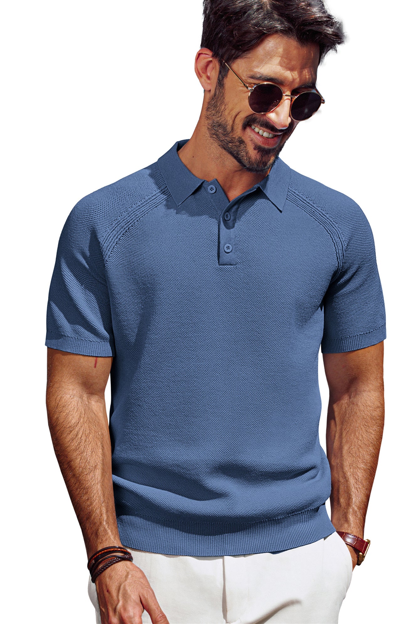 Men Textured Knitted Polo-Shirt Short Sleeve Lapel Collar Button-up Neck Tops - Image 41