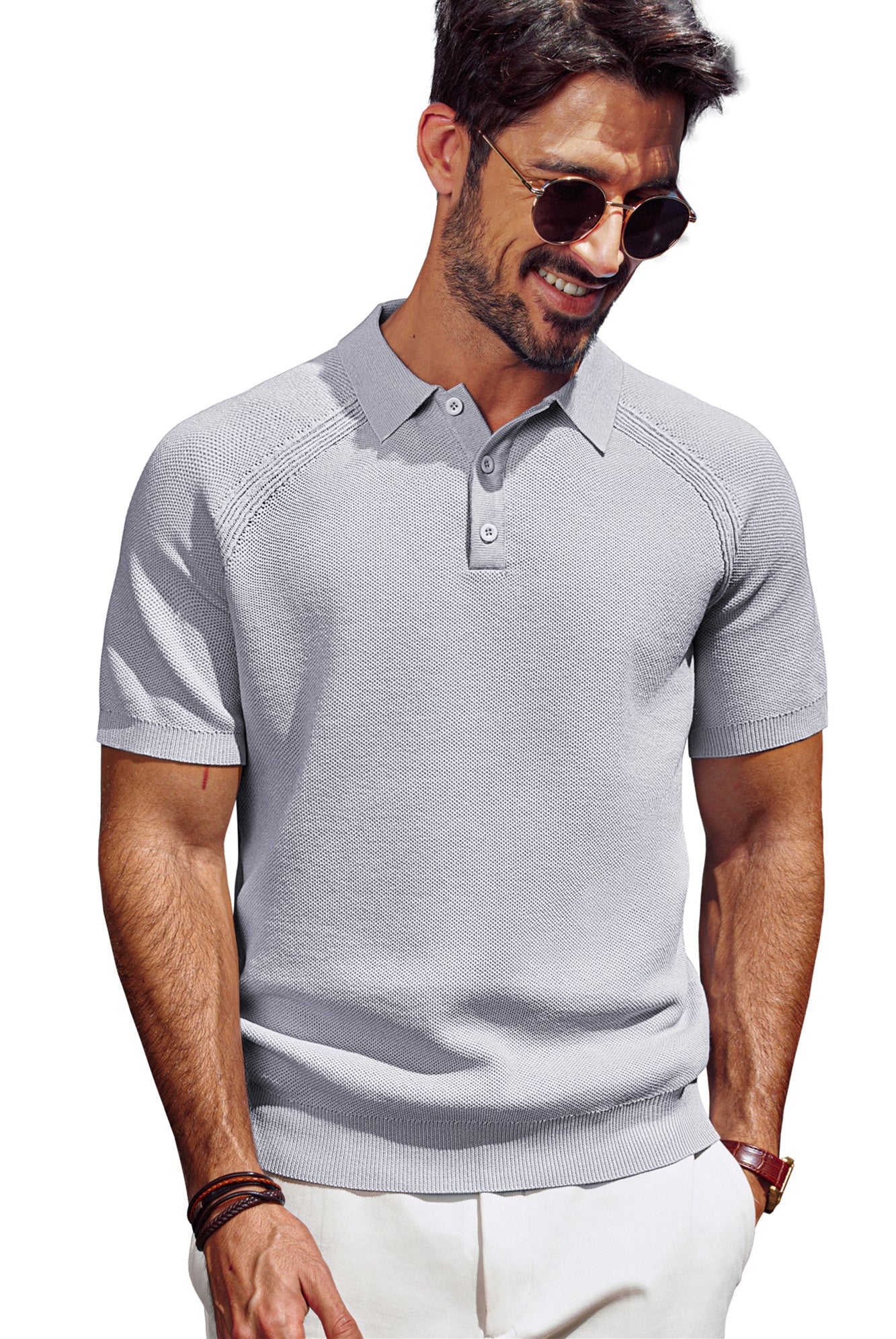 Men Textured Knitted Polo-Shirt Short Sleeve Lapel Collar Button-up Neck Tops - Image 46