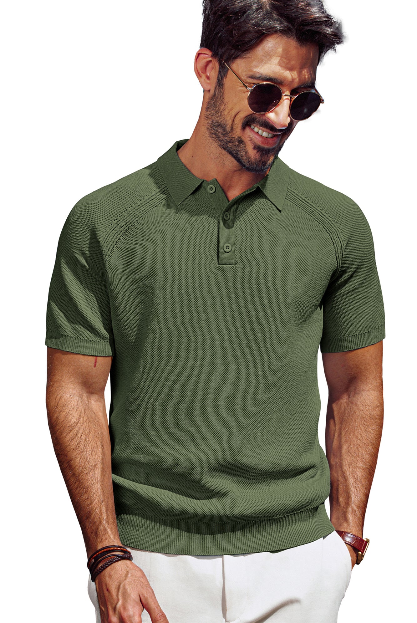 Men Textured Knitted Polo-Shirt Short Sleeve Lapel Collar Button-up Neck Tops - Image 51