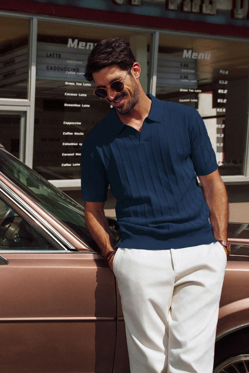 Men Textured Knitted Polo-Shirt Short Sleeve Lapel Collar V-Neck Knitwear - Image 10