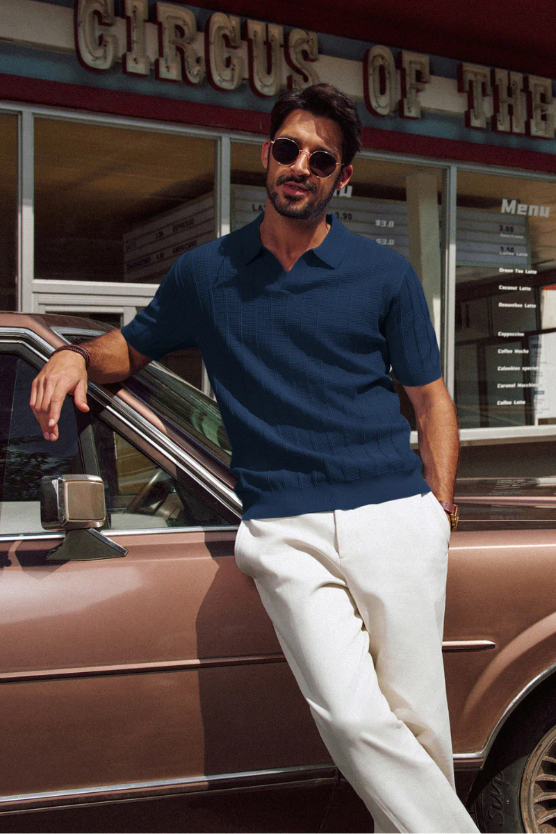 Men Textured Knitted Polo-Shirt Short Sleeve Lapel Collar V-Neck Knitwear - Image 11