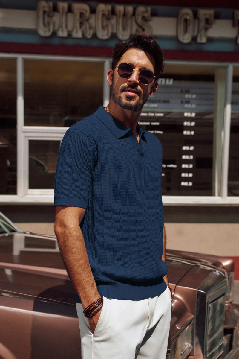 Men Textured Knitted Polo-Shirt Short Sleeve Lapel Collar V-Neck Knitwear - Image 12