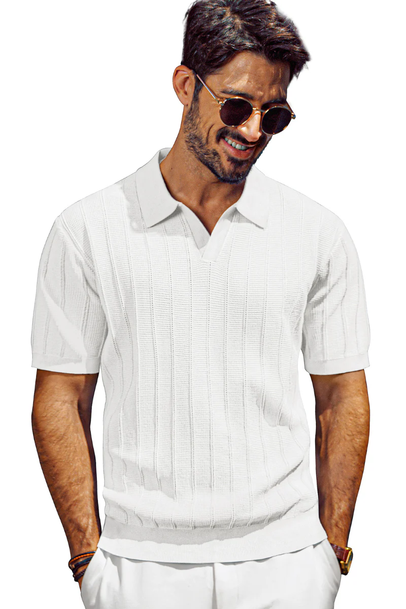 Men Textured Knitted Polo-Shirt Short Sleeve Lapel Collar V-Neck Knitwear - Image 13