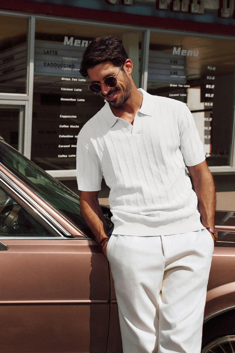 Men Textured Knitted Polo-Shirt Short Sleeve Lapel Collar V-Neck Knitwear - Image 15