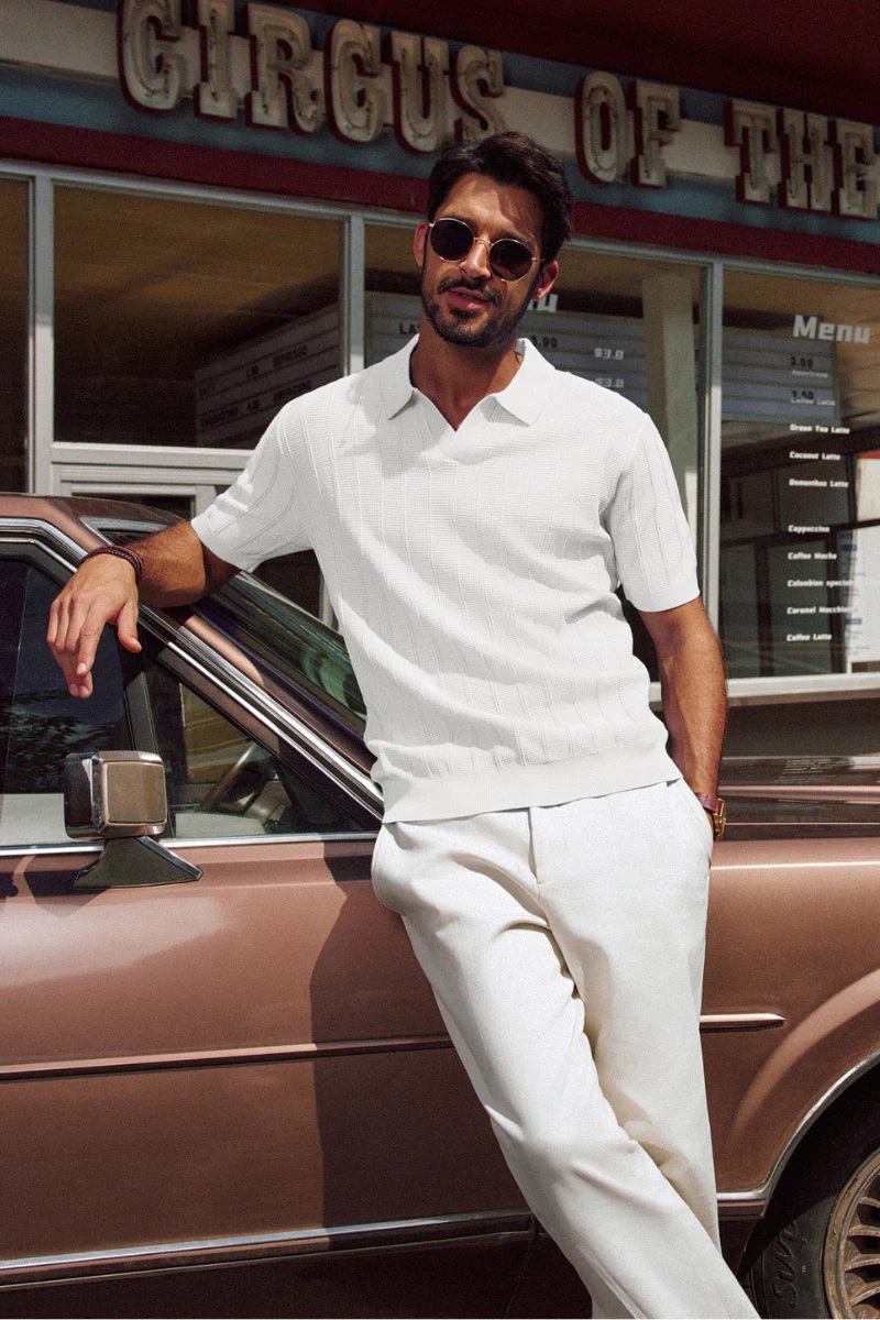 Men Textured Knitted Polo-Shirt Short Sleeve Lapel Collar V-Neck Knitwear - Image 16
