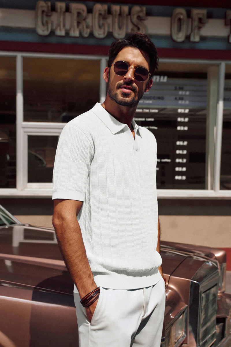 Men Textured Knitted Polo-Shirt Short Sleeve Lapel Collar V-Neck Knitwear - Image 17