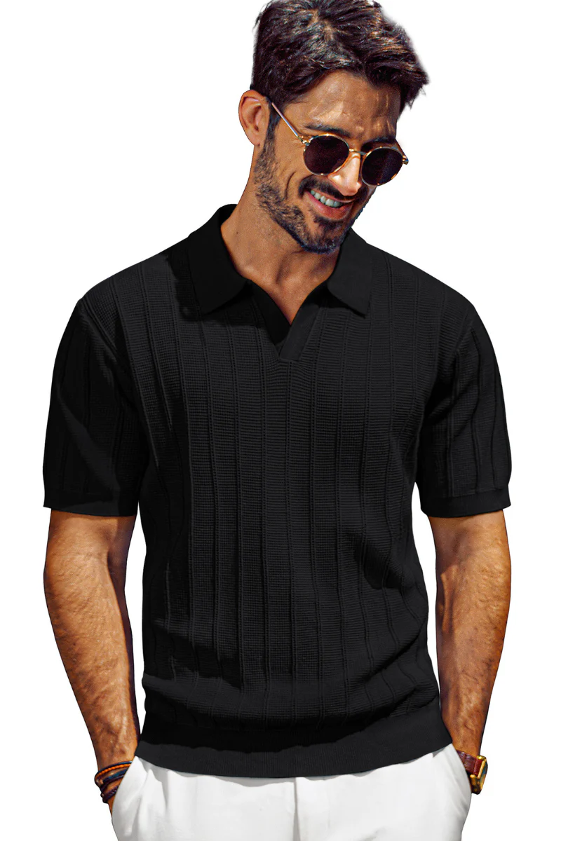 Men Textured Knitted Polo-Shirt Short Sleeve Lapel Collar V-Neck Knitwear - Image 18