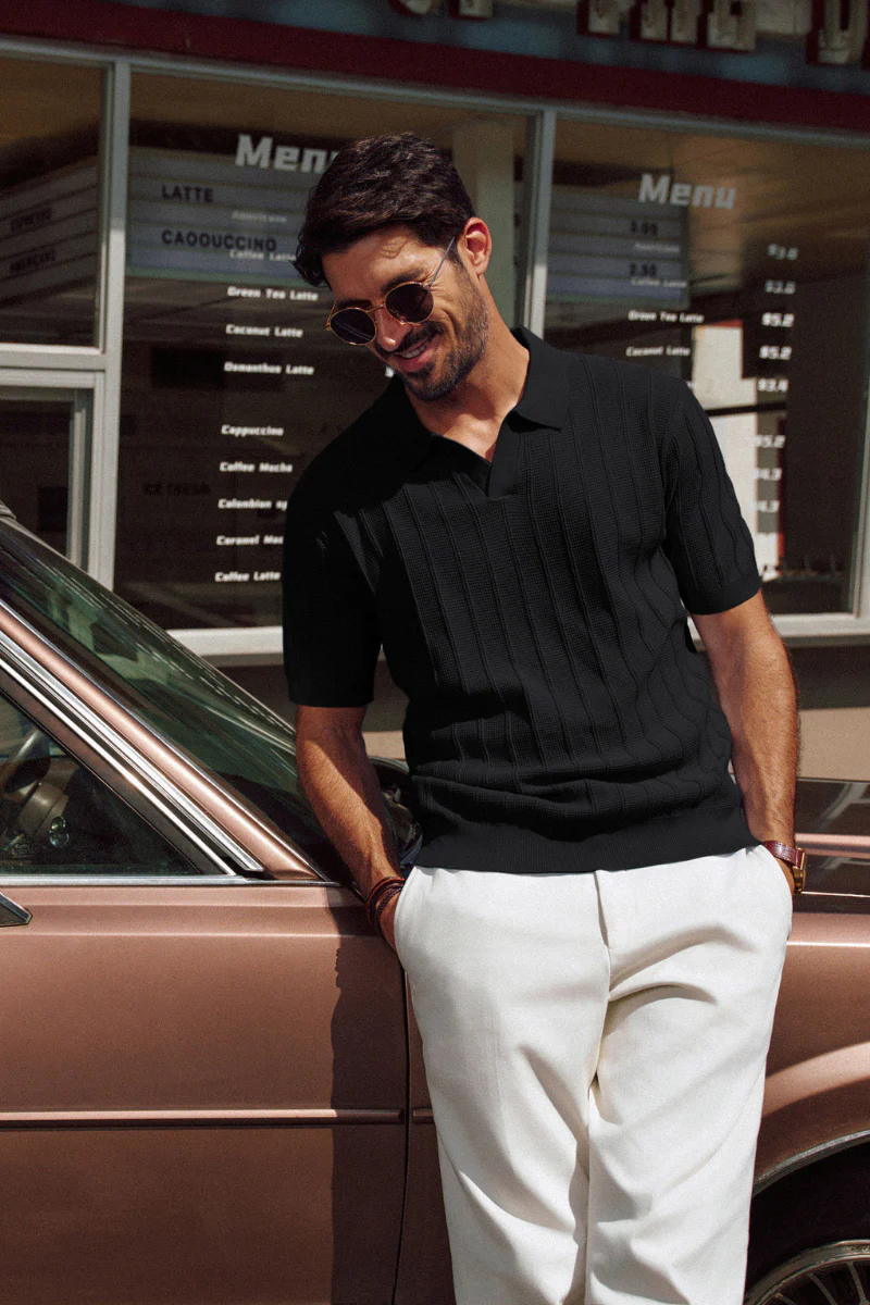 Men Textured Knitted Polo-Shirt Short Sleeve Lapel Collar V-Neck Knitwear - Image 20