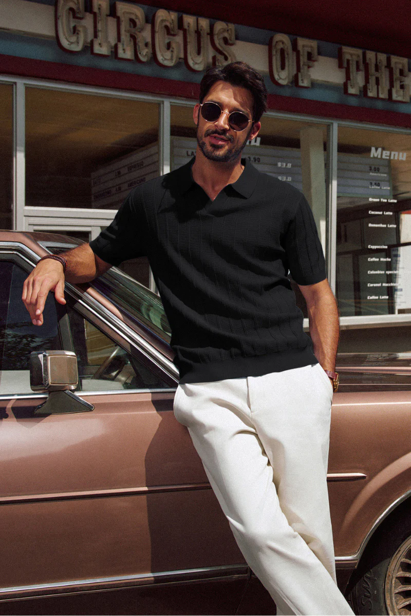 Men Textured Knitted Polo-Shirt Short Sleeve Lapel Collar V-Neck Knitwear - Image 22