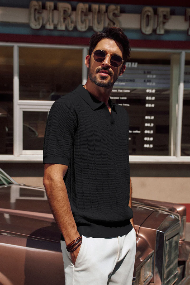 Men Textured Knitted Polo-Shirt Short Sleeve Lapel Collar V-Neck Knitwear - Image 23