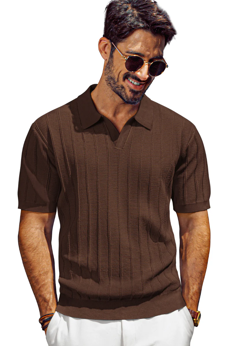 Men Textured Knitted Polo-Shirt Short Sleeve Lapel Collar V-Neck Knitwear - Image 24
