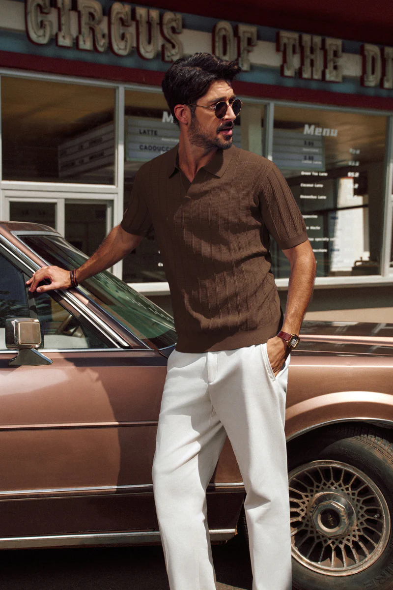 Men Textured Knitted Polo-Shirt Short Sleeve Lapel Collar V-Neck Knitwear - Image 25