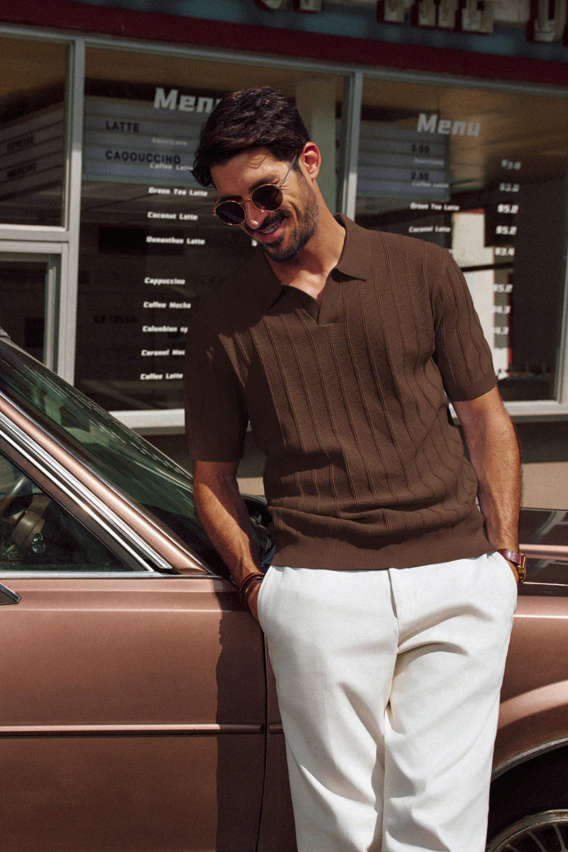 Men Textured Knitted Polo-Shirt Short Sleeve Lapel Collar V-Neck Knitwear - Image 26