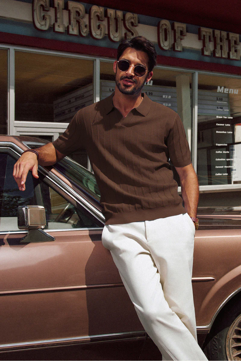 Men Textured Knitted Polo-Shirt Short Sleeve Lapel Collar V-Neck Knitwear - Image 27