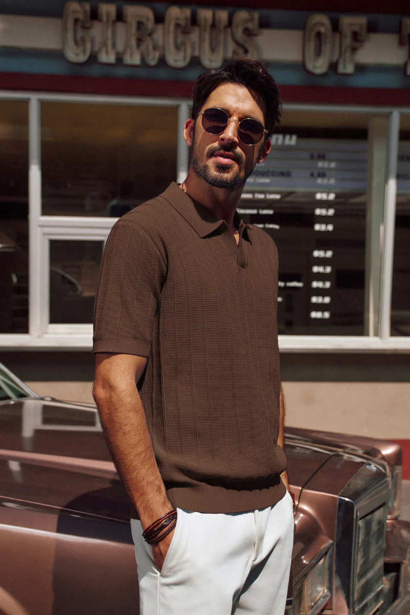 Men Textured Knitted Polo-Shirt Short Sleeve Lapel Collar V-Neck Knitwear - Image 28