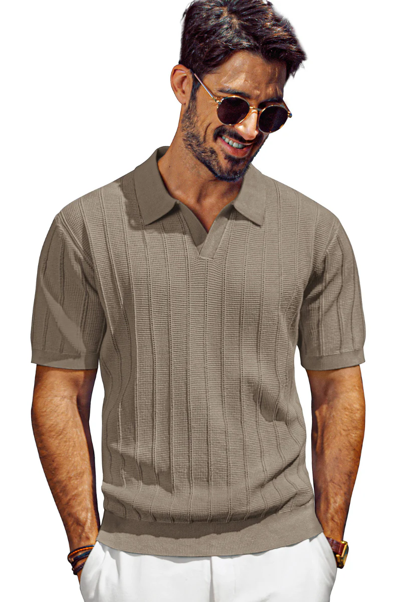 Men Textured Knitted Polo-Shirt Short Sleeve Lapel Collar V-Neck Knitwear - Image 29