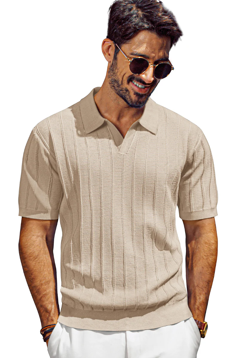 Men Textured Knitted Polo-Shirt Short Sleeve Lapel Collar V-Neck Knitwear - Image 3