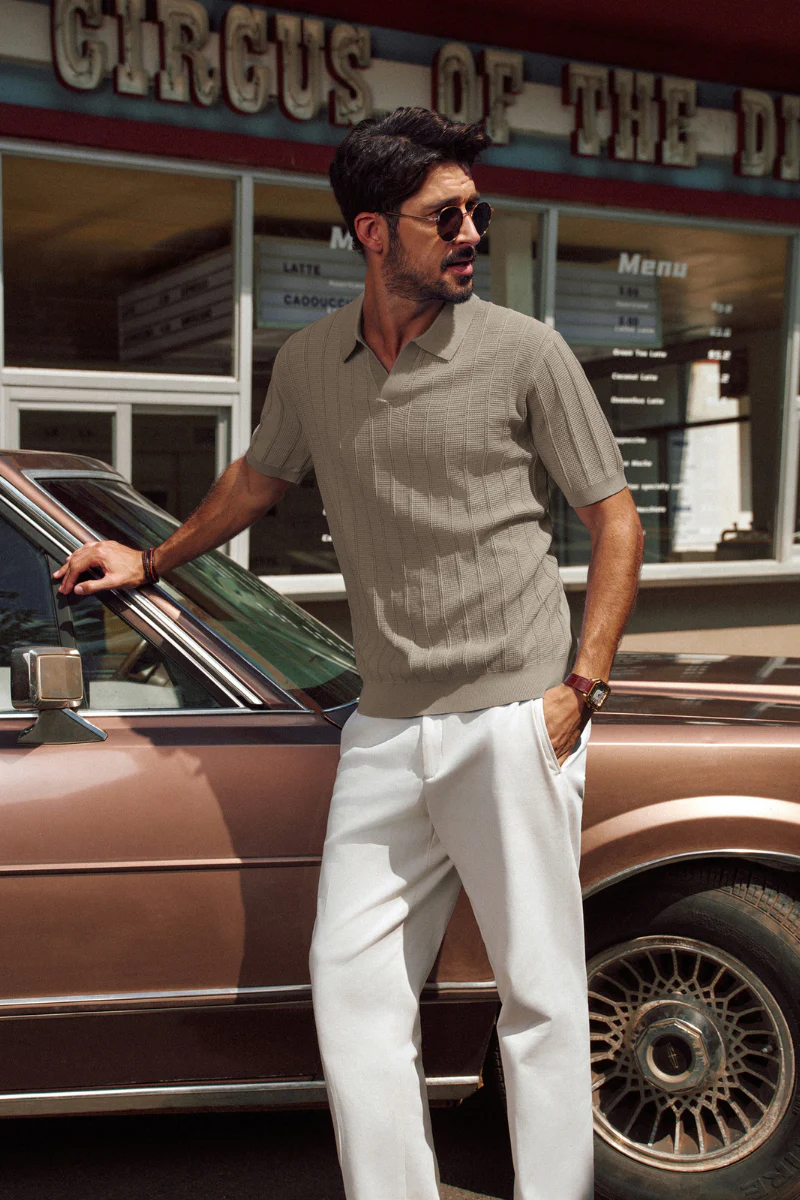 Men Textured Knitted Polo-Shirt Short Sleeve Lapel Collar V-Neck Knitwear - Image 30