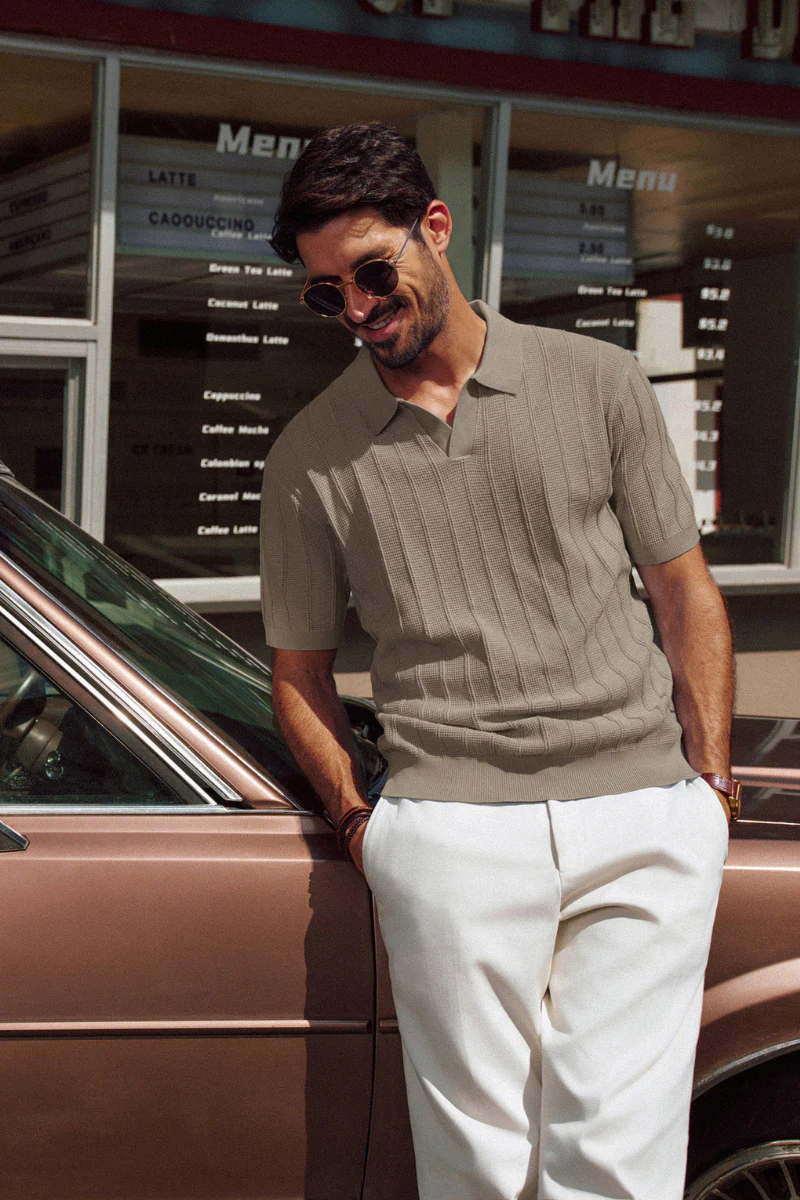 Men Textured Knitted Polo-Shirt Short Sleeve Lapel Collar V-Neck Knitwear - Image 31